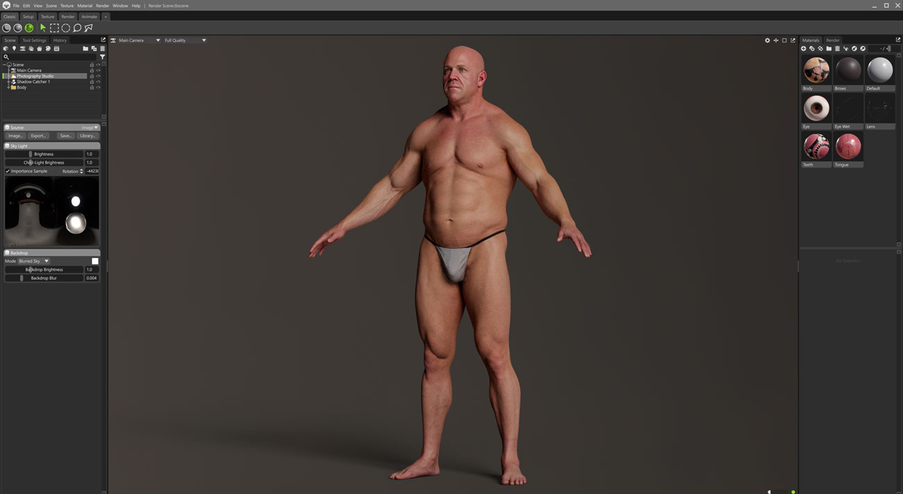 Marmoset Toolbag real-time scene render of a large heavy-set muscular male 3D body scan with PBR lighting